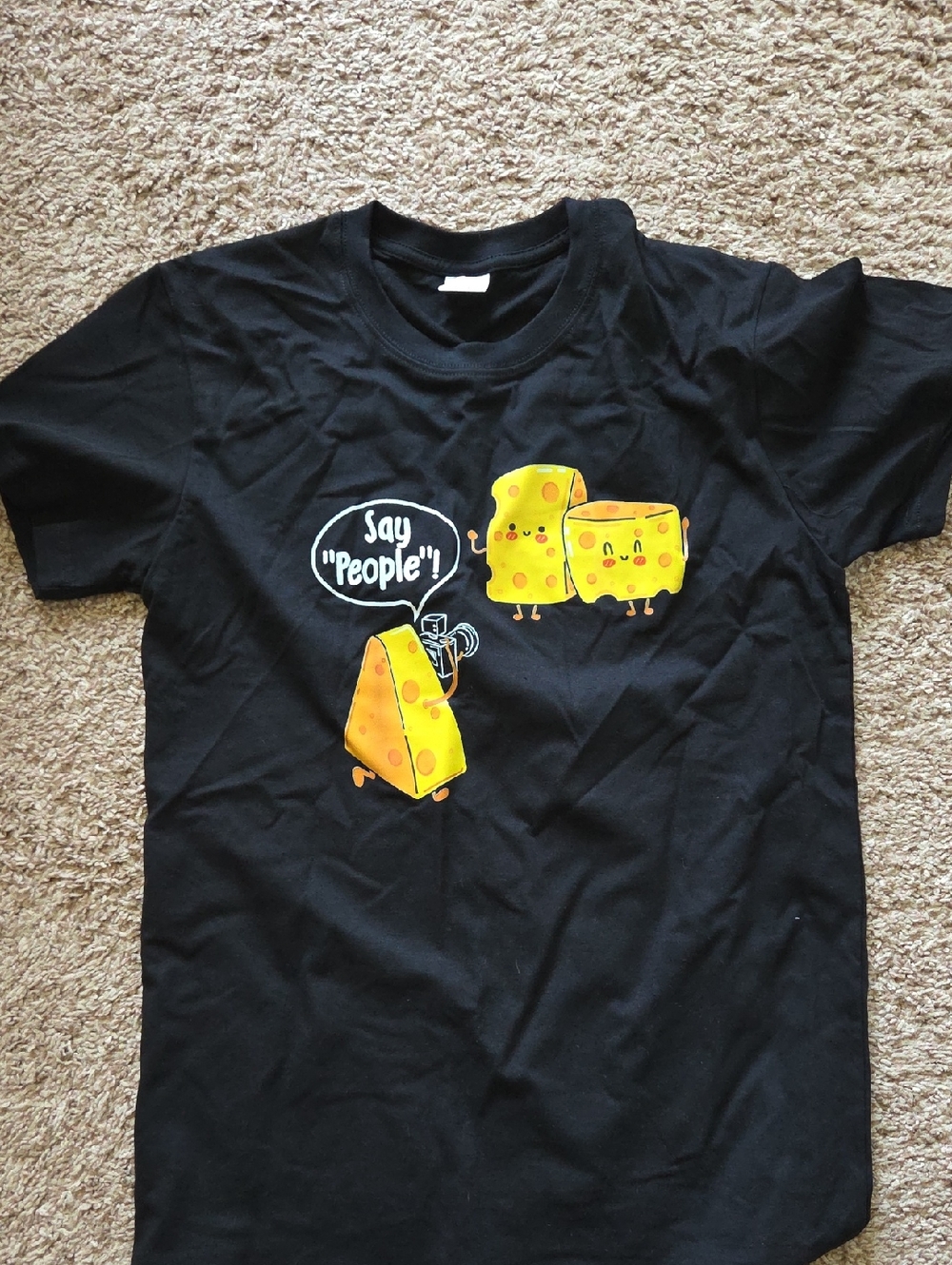 Black Short-Sleeve Graphic Tee with Playful Yellow Cheese Design